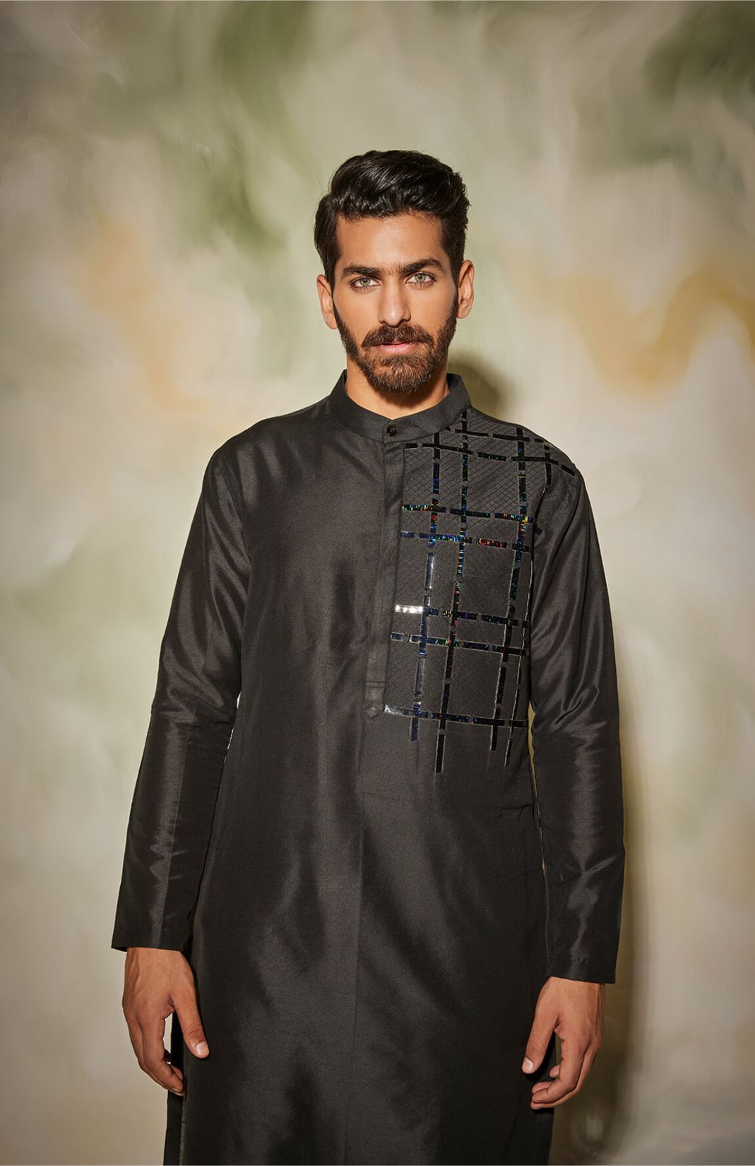 Black Self On Self One Side Quilted With Leather Detail Kurta