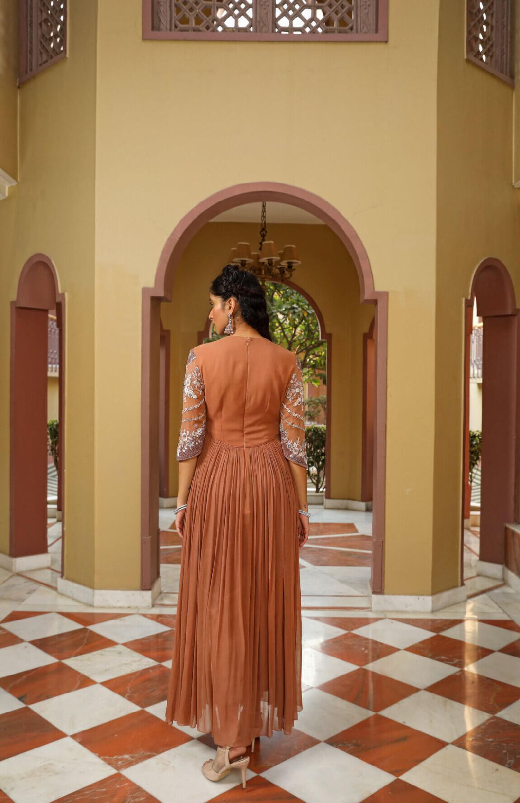 Pastel Rust Gown Anarkali With Pants