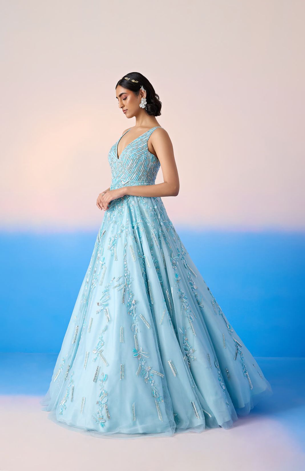 Sky Blue V Neck Embroidered Gown