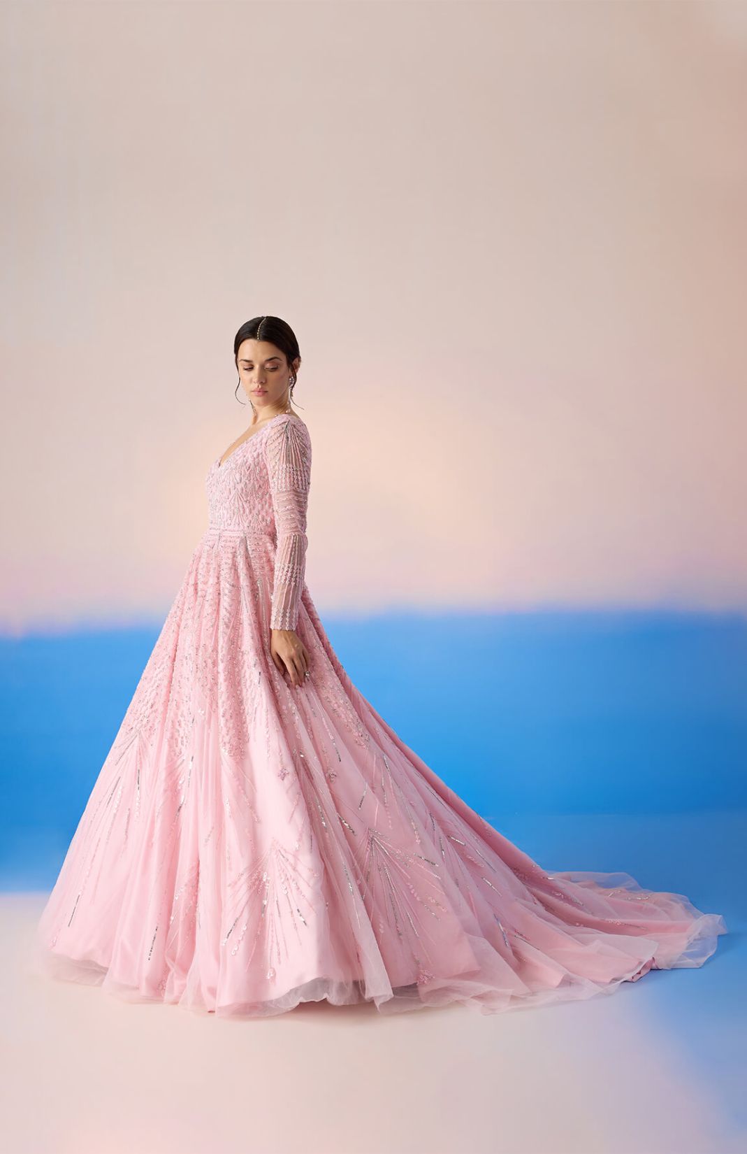Carnation Pink Full Sleeve Embroidered Gown