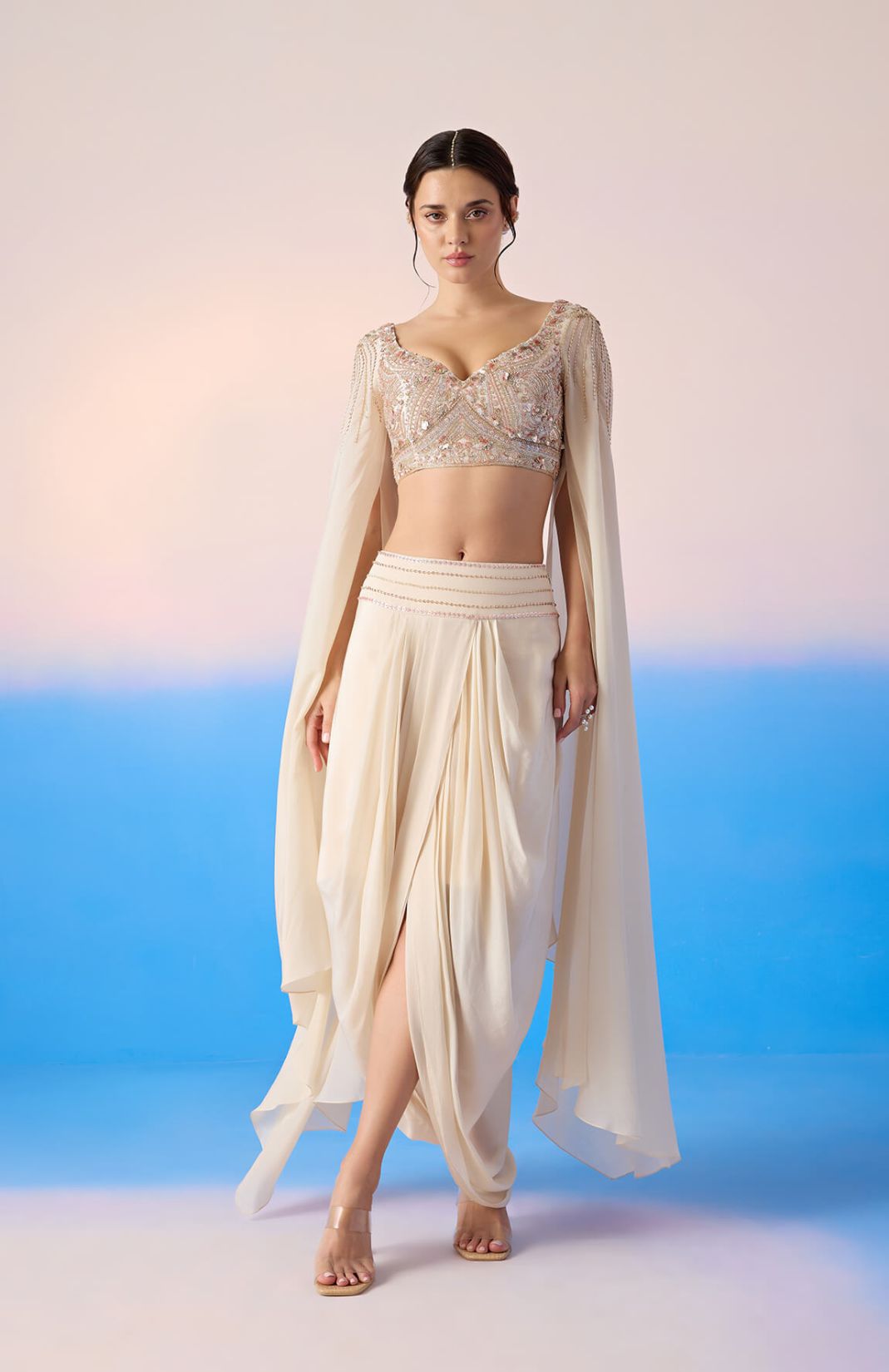 Beige Crop Top With Dhoti Pant