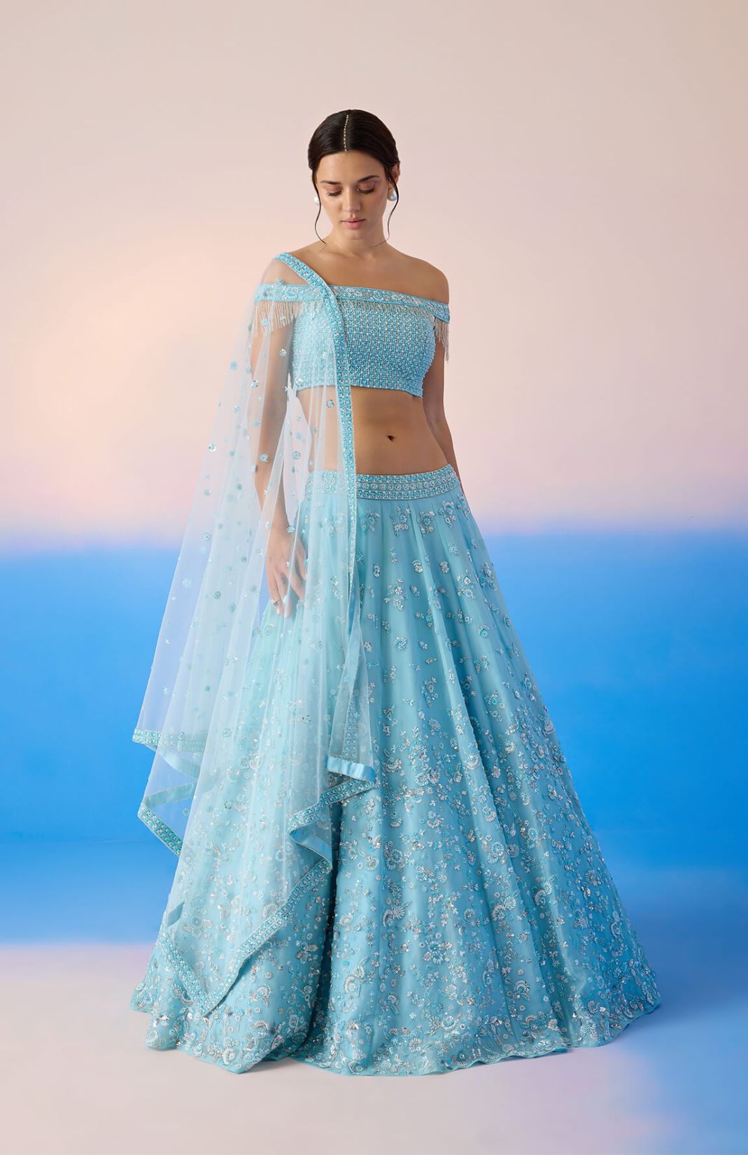 Off Shoulder Heavy Embroidered Blouse & Lehenga With Dupatta