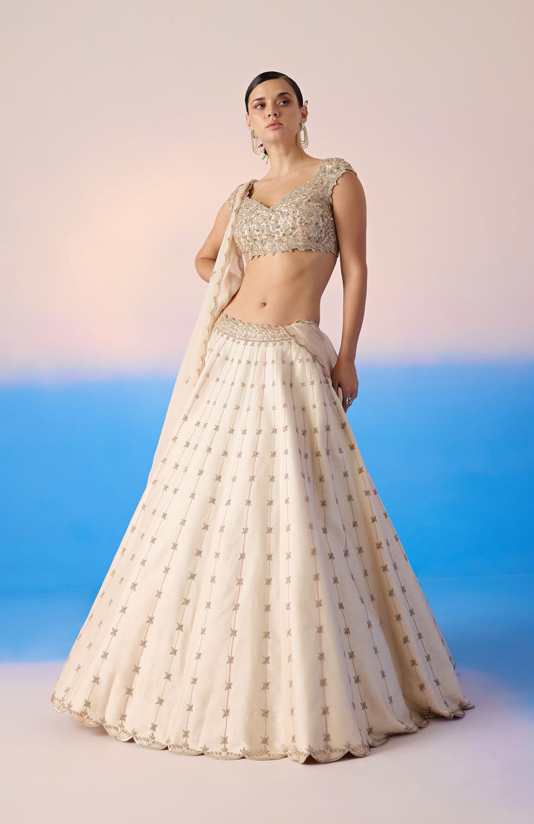 Beige Embroidered Lehenga & Blouse With Dupatta