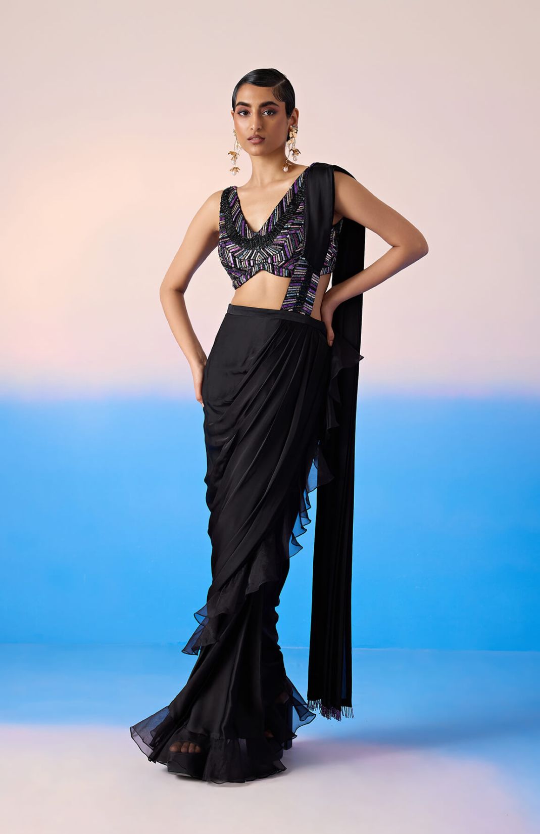 Black Heavy Embroidered Blouse With Drape Saree