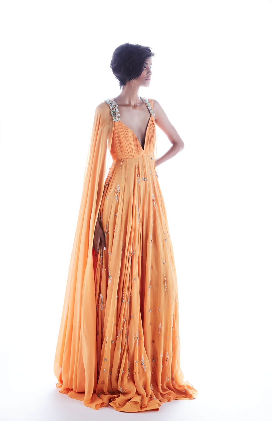 Flared Cape Sleeve Gown