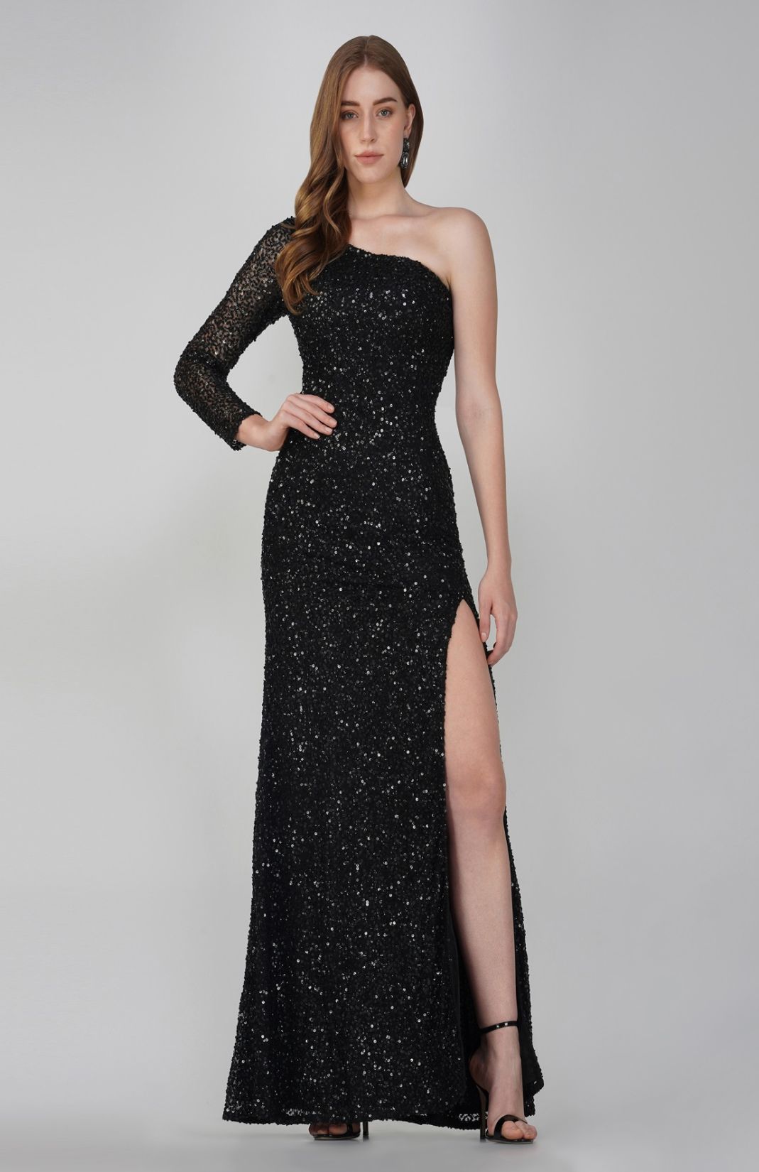 Black Embellished One Side Sleeve Gown With Slit