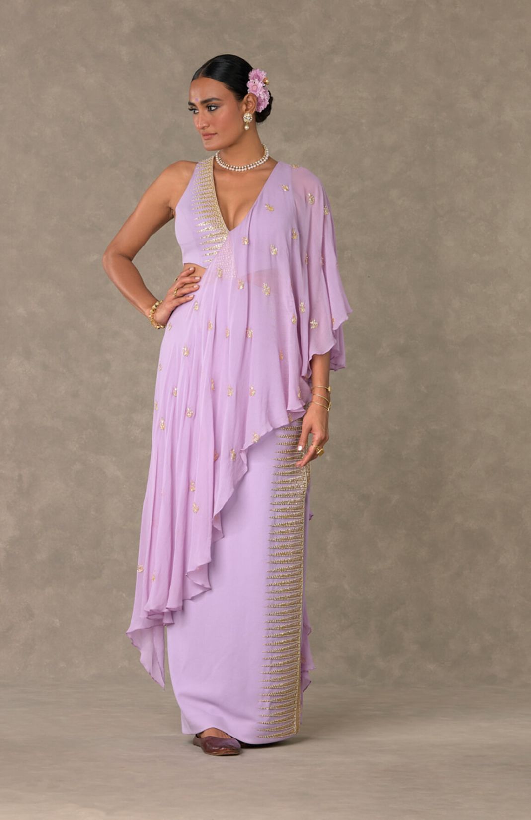 Lilac Trikone Saree Gown