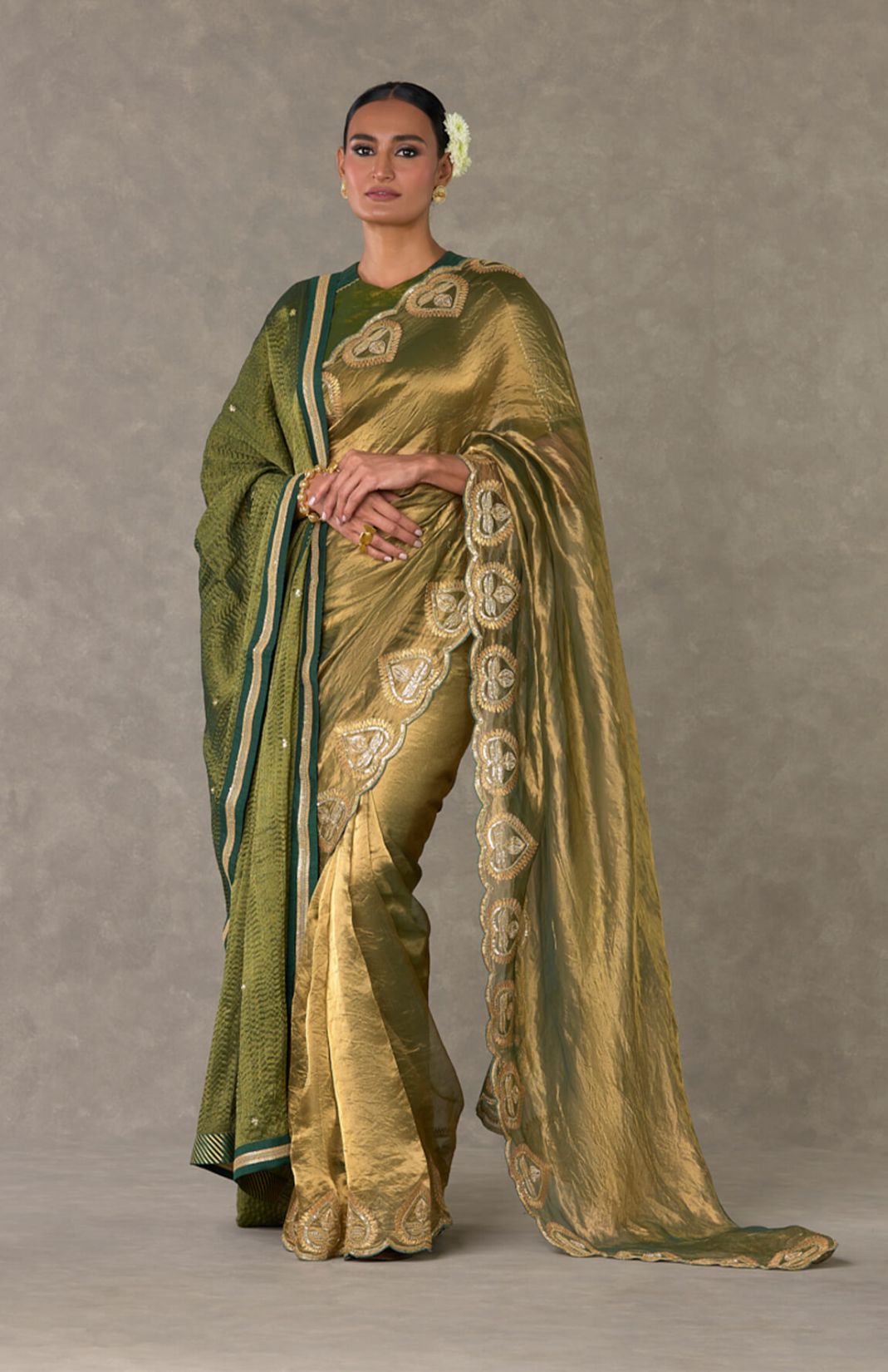 Paan' Tissue Saree With Embroidered Blouse Piece & Dupatta