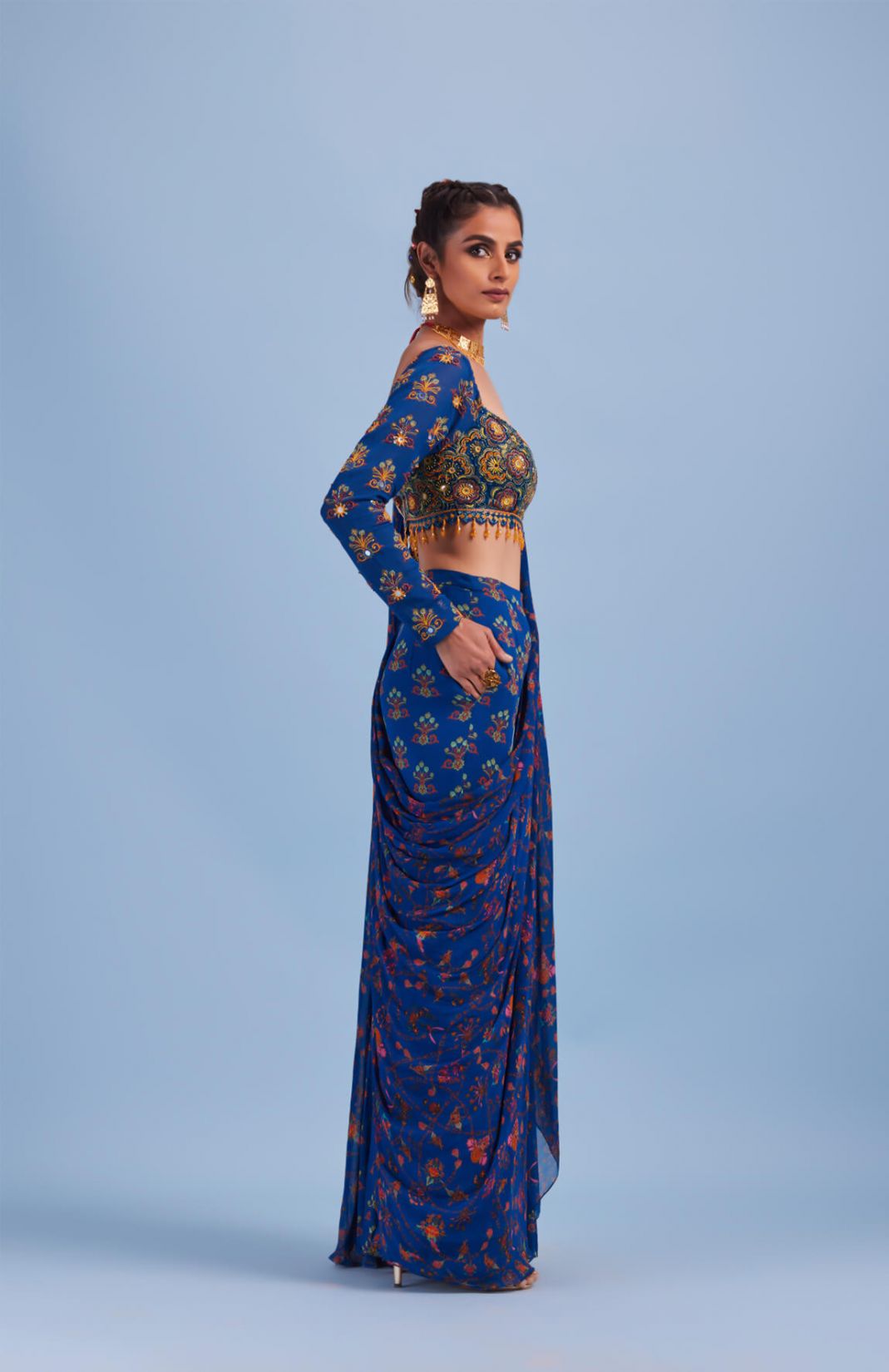 Blue Cutdana Floral Embroidered Butta Gharara Pants Saree Set