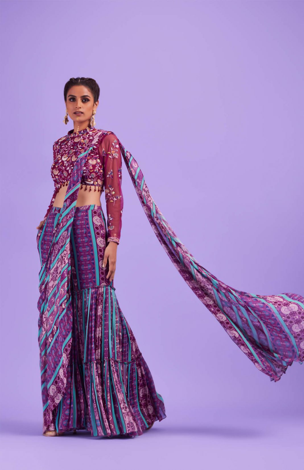 Purple Thread & Cutdana Floral Embroidered Blouse With Purple & Green Stripped Print Gharara Saree