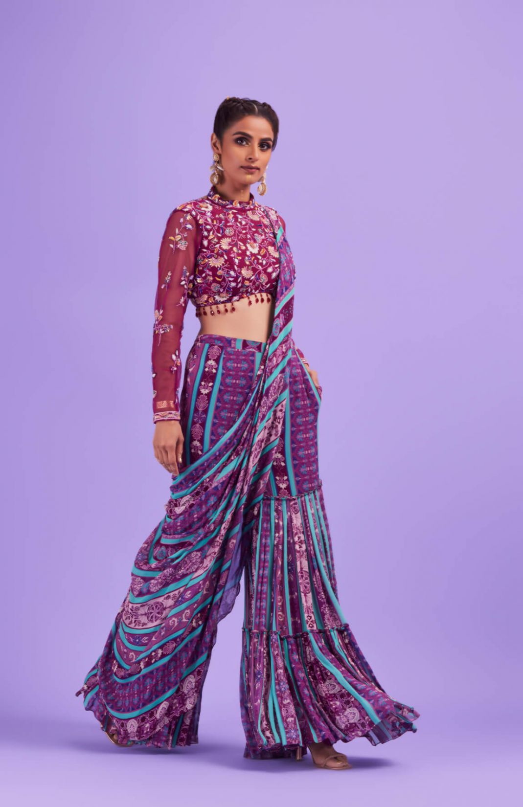 Purple Thread & Cutdana Floral Embroidered Blouse With Purple & Green Stripped Print Gharara Saree