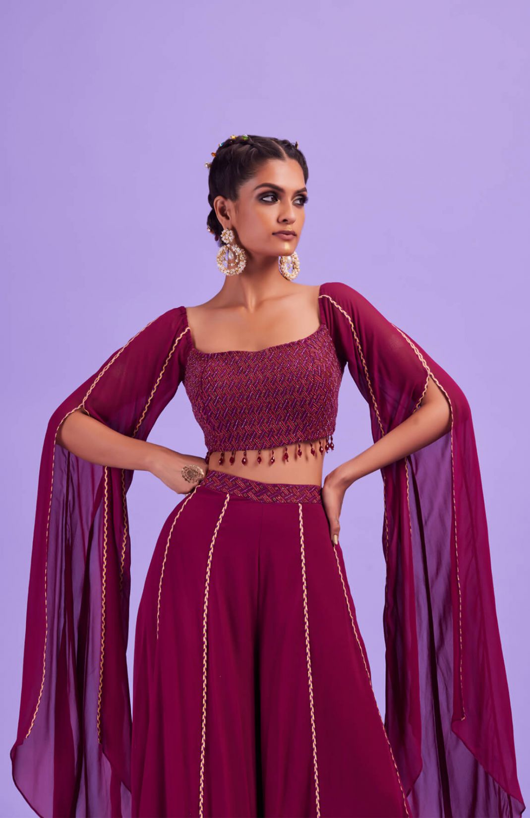 Purple Embroidered Blouse With Flare Cord Sleeves And Shrara Pants