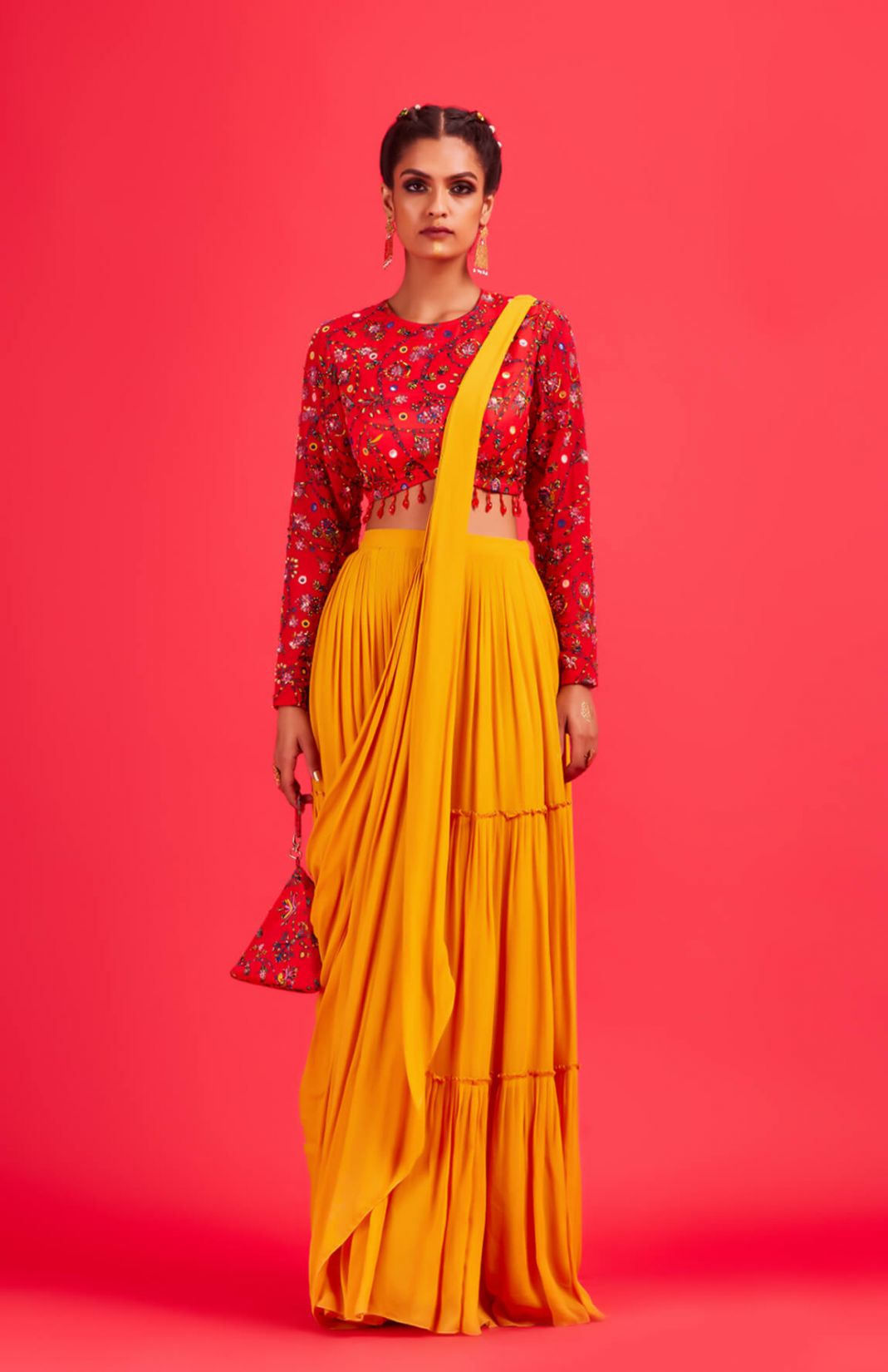 Red Bale Print Blouse With Yellow Tiered Saree & Bag