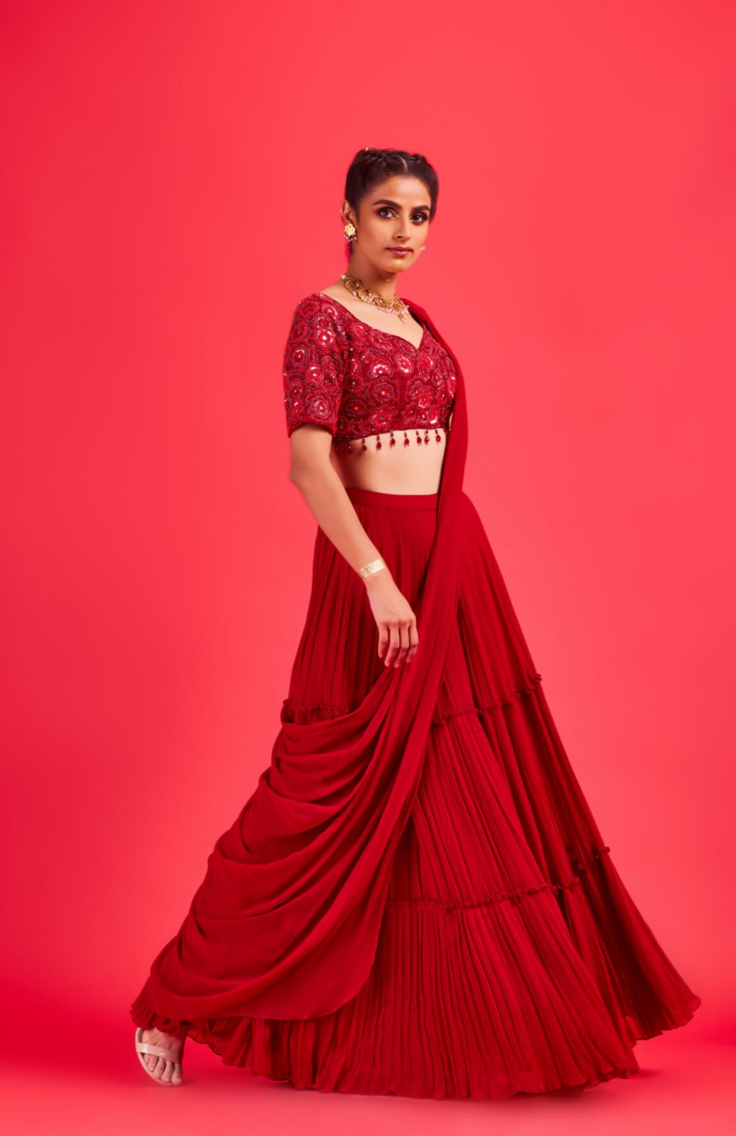Red Floral Embroidered Blouse With Red Tiered Skirt Saree