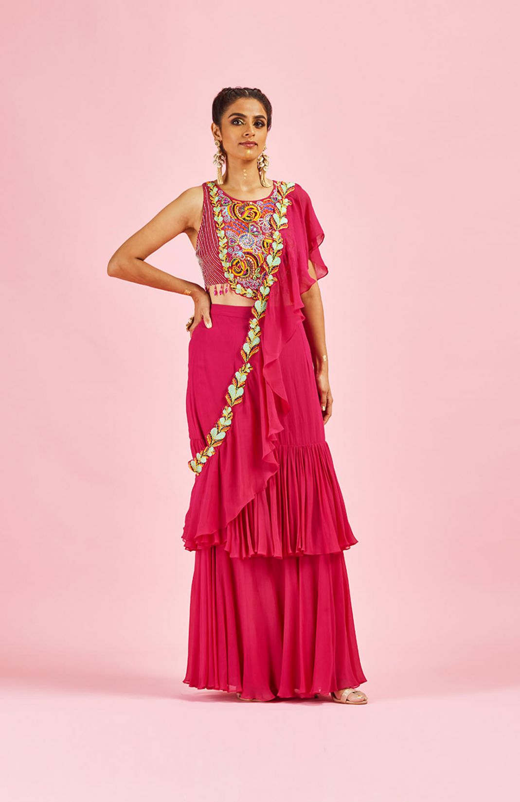Fuchsia Pink Embroidered Blouse With Ruffle Saree