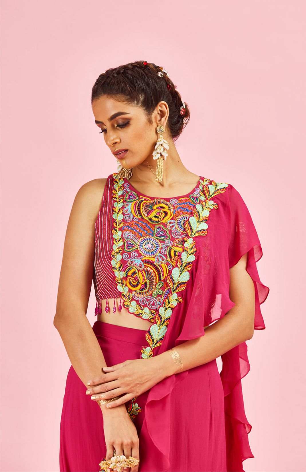 Fuchsia Pink Embroidered Blouse With Ruffle Saree