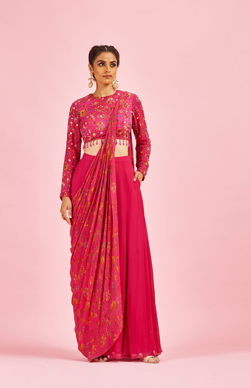Fuchsia Pink Highlighted Blouse With Sharara Saree