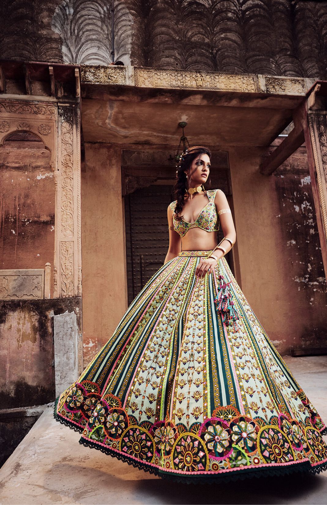 Mint Green Neon Embroidered Blouse Lehenga & Organza Embroidered Dupatta