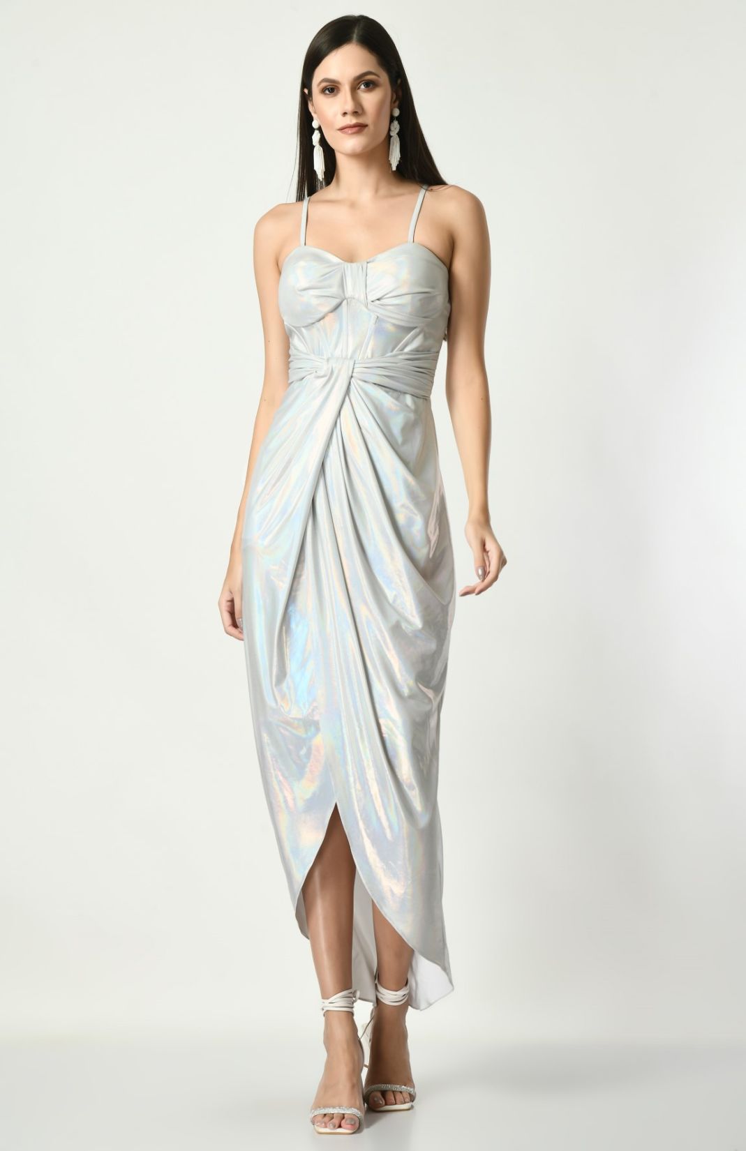 Celeste - Corset Draped Dress In Metallic Silver Color
