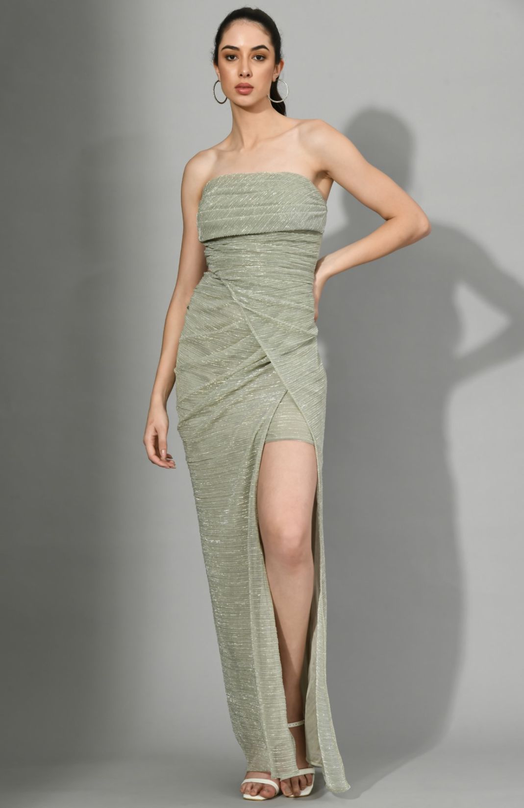 The Bling Ring - Cowl Draped Gown With Slit In Shimmering Pastel Grey Color