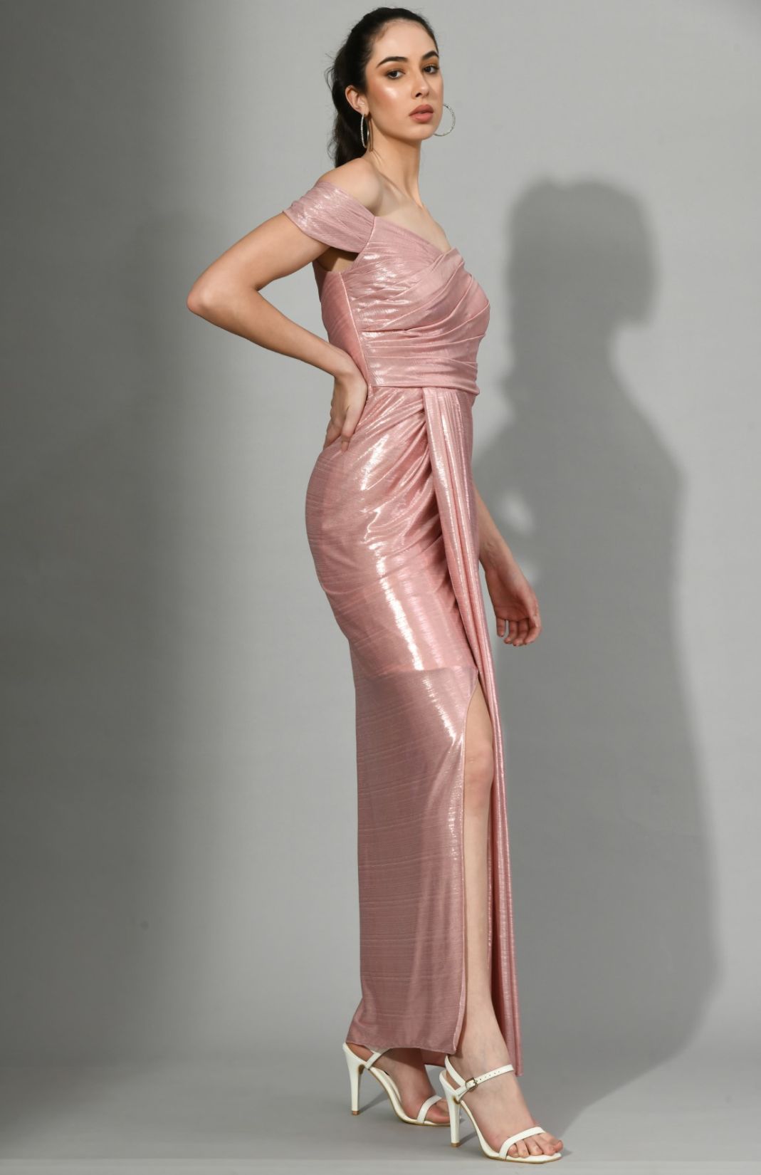 Glitz N Glam - Draped Gown With Slit In Metallic Pink