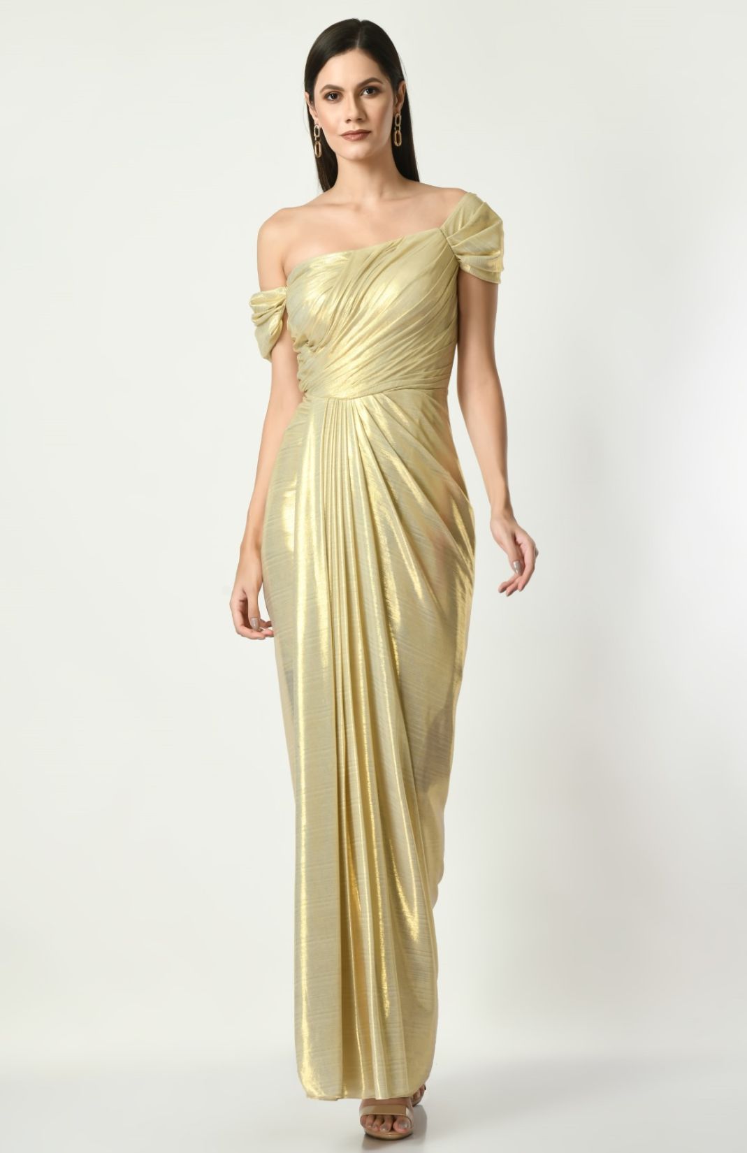 Golden Glitz N Glam - Off Shoulder Draped Gown In Golden Metallic Color