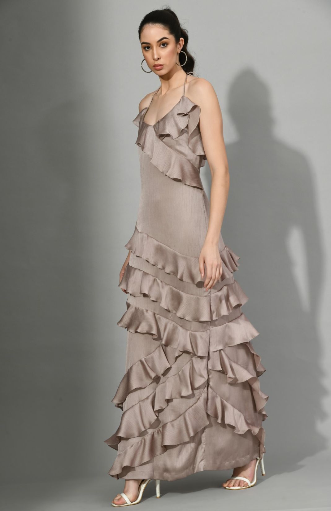 Dusky Entrance - Ruffle Dress In Brown Color