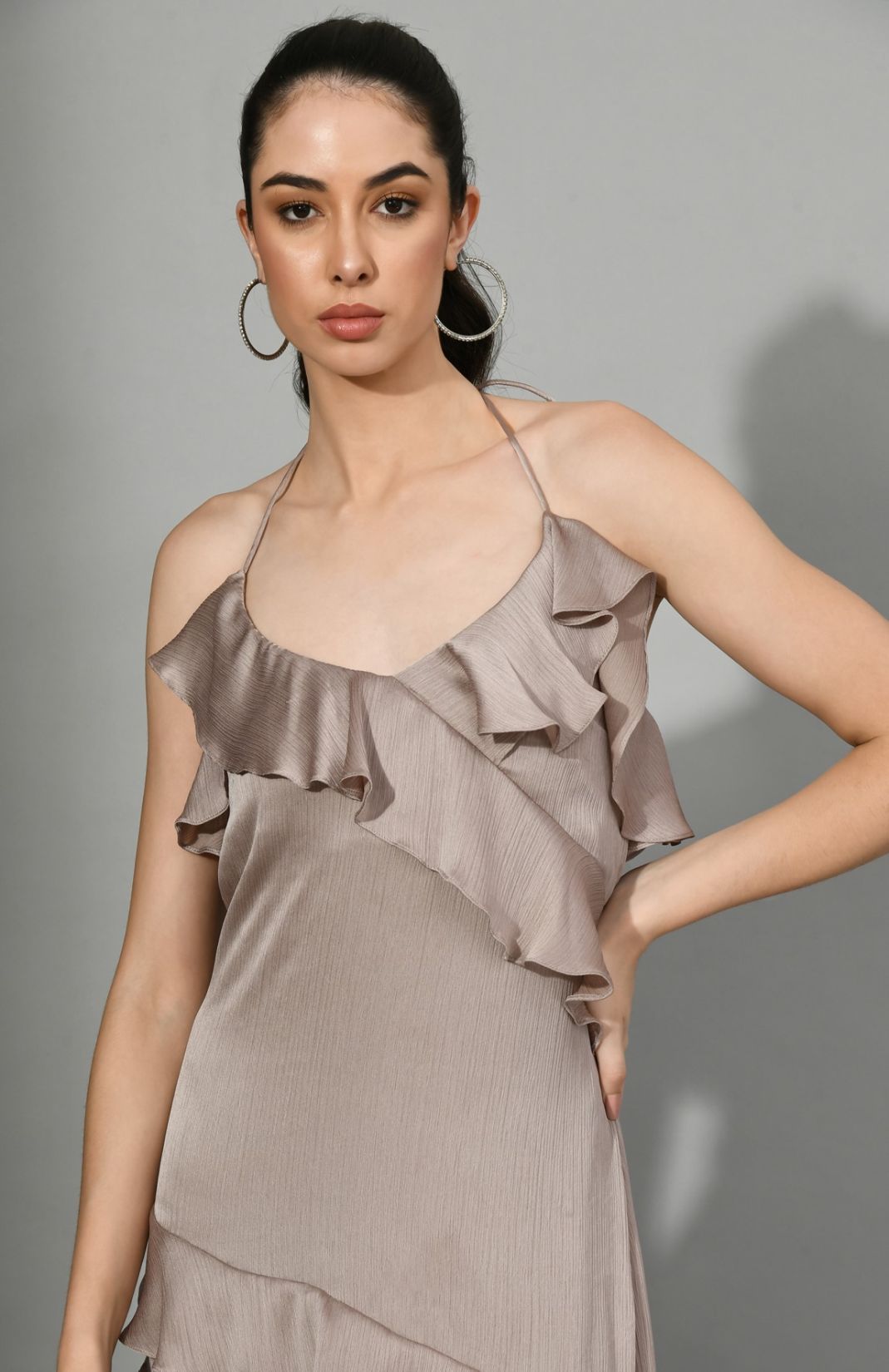 Dusky Entrance - Ruffle Dress In Brown Color