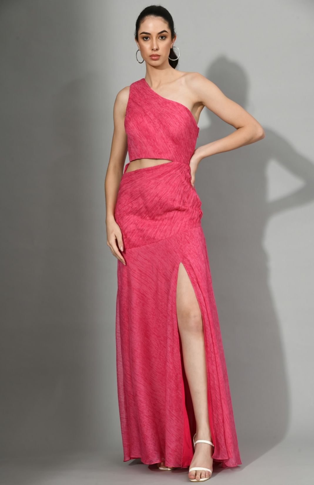 Pinked Up - Ruching Gown With Side Cuts And Slit In Pink Color