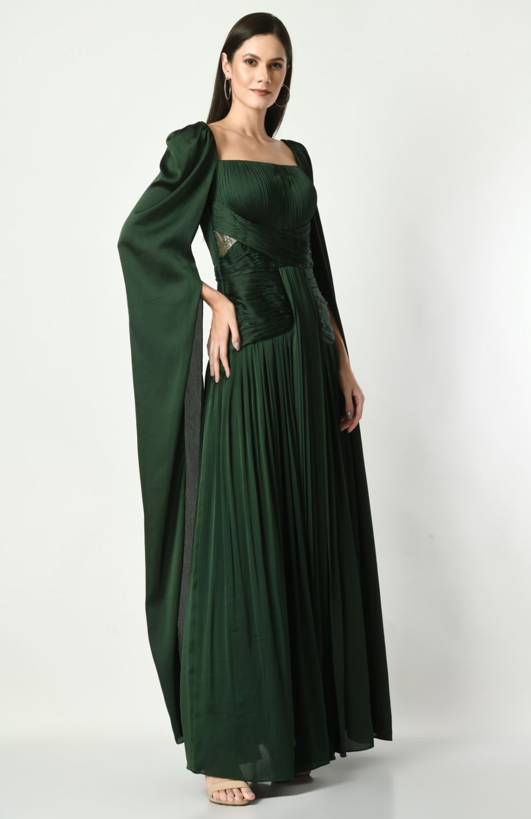 Unspoken Beauty - Rusching Gown In Bottle Green Color With Bag Sleeves 