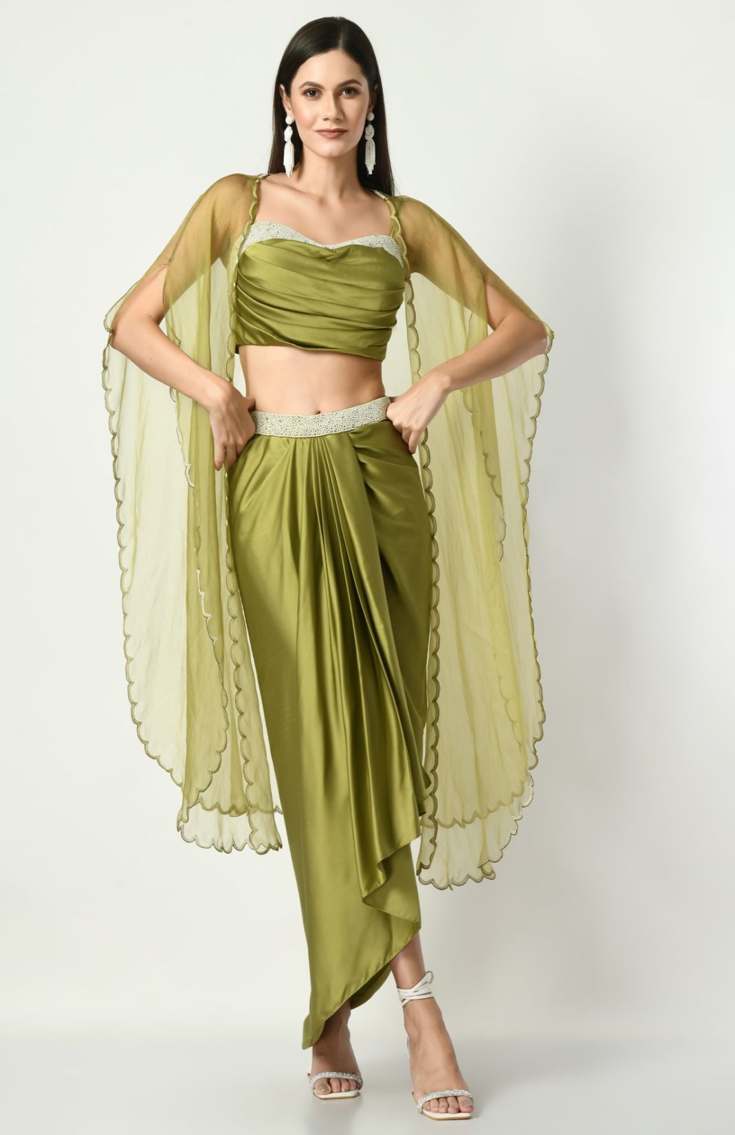 Draped Dhoti Skirt With Embroidered Belt & Cowl Blouse