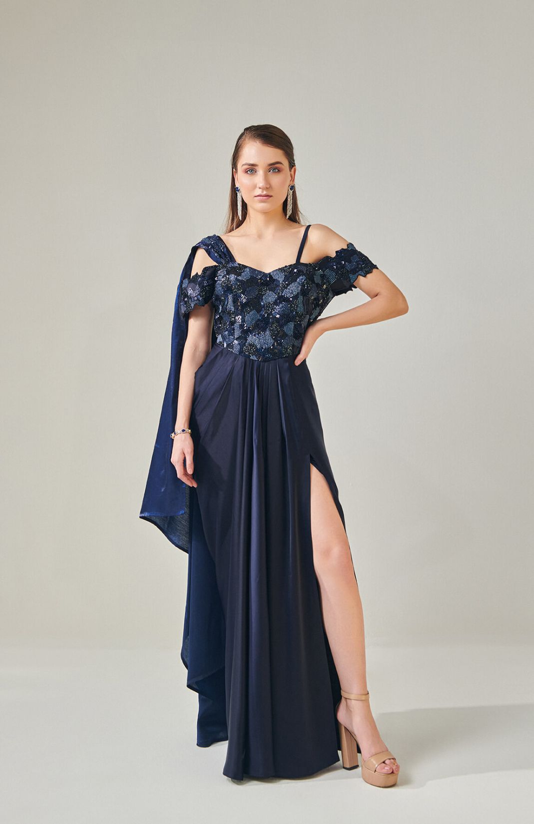 Midnight Blue Off Shoulder Drape Gown With Detachable Palla