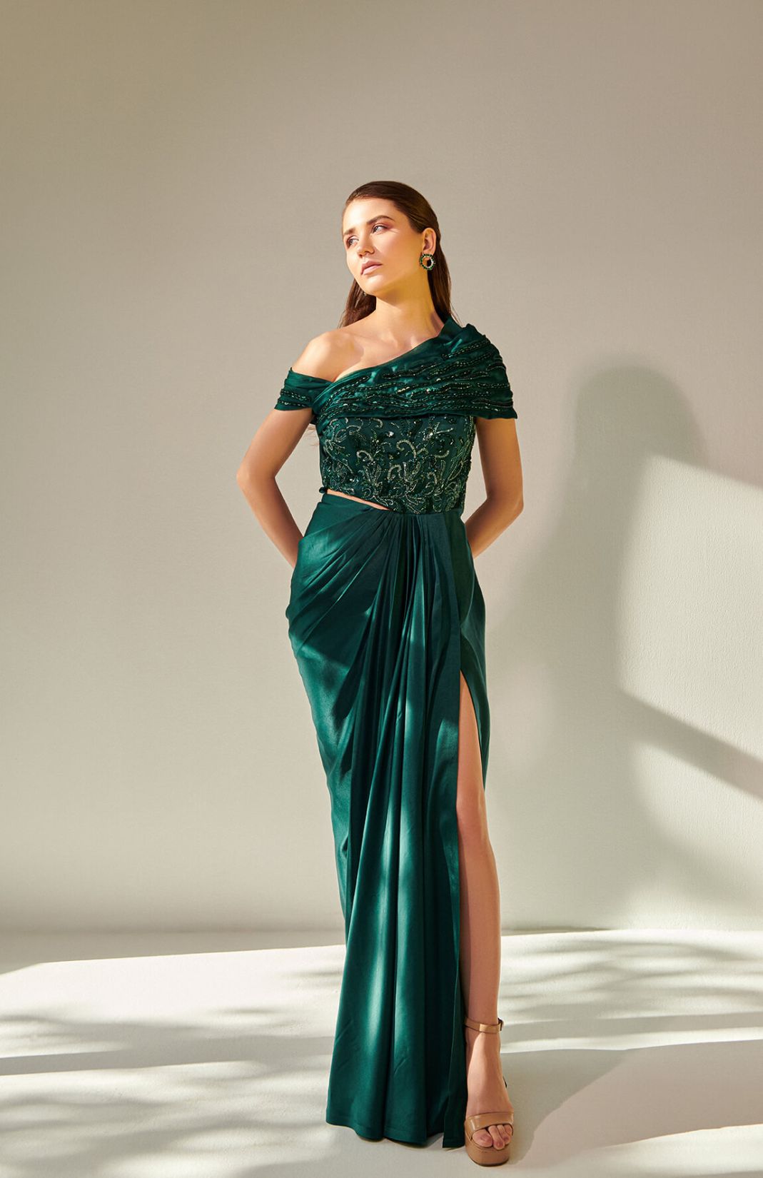 Off Shoulder Emerald Green Drape Gown With Waist Cut-Out 