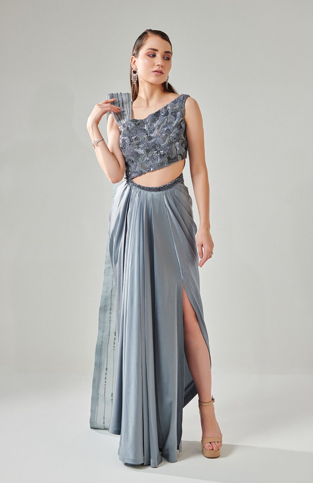 Ash Grey Drape Saree Gown With Embellished 3-D Palla