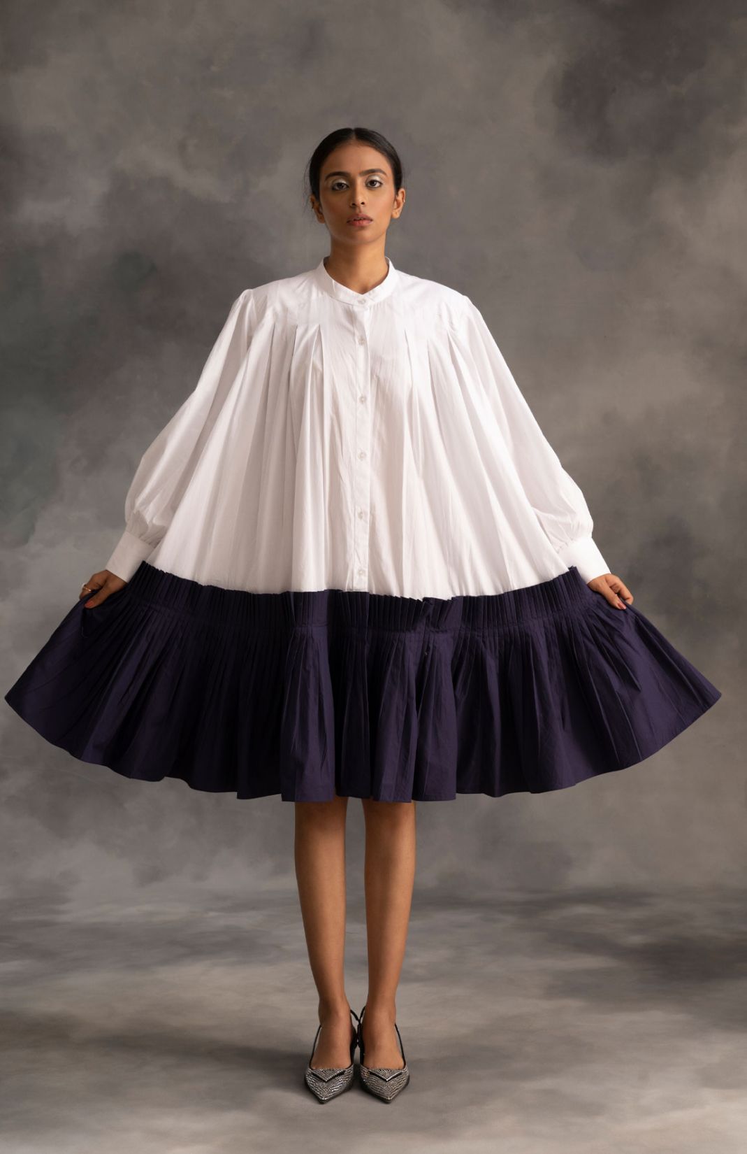 Pleated Navy Blue & White Shirt Dress