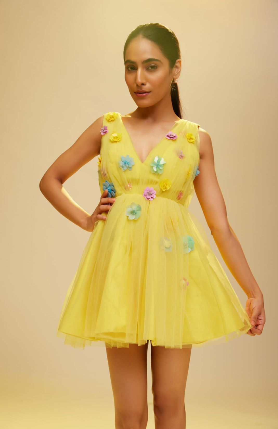 Yellow Mini Dress With Embellished Flowers