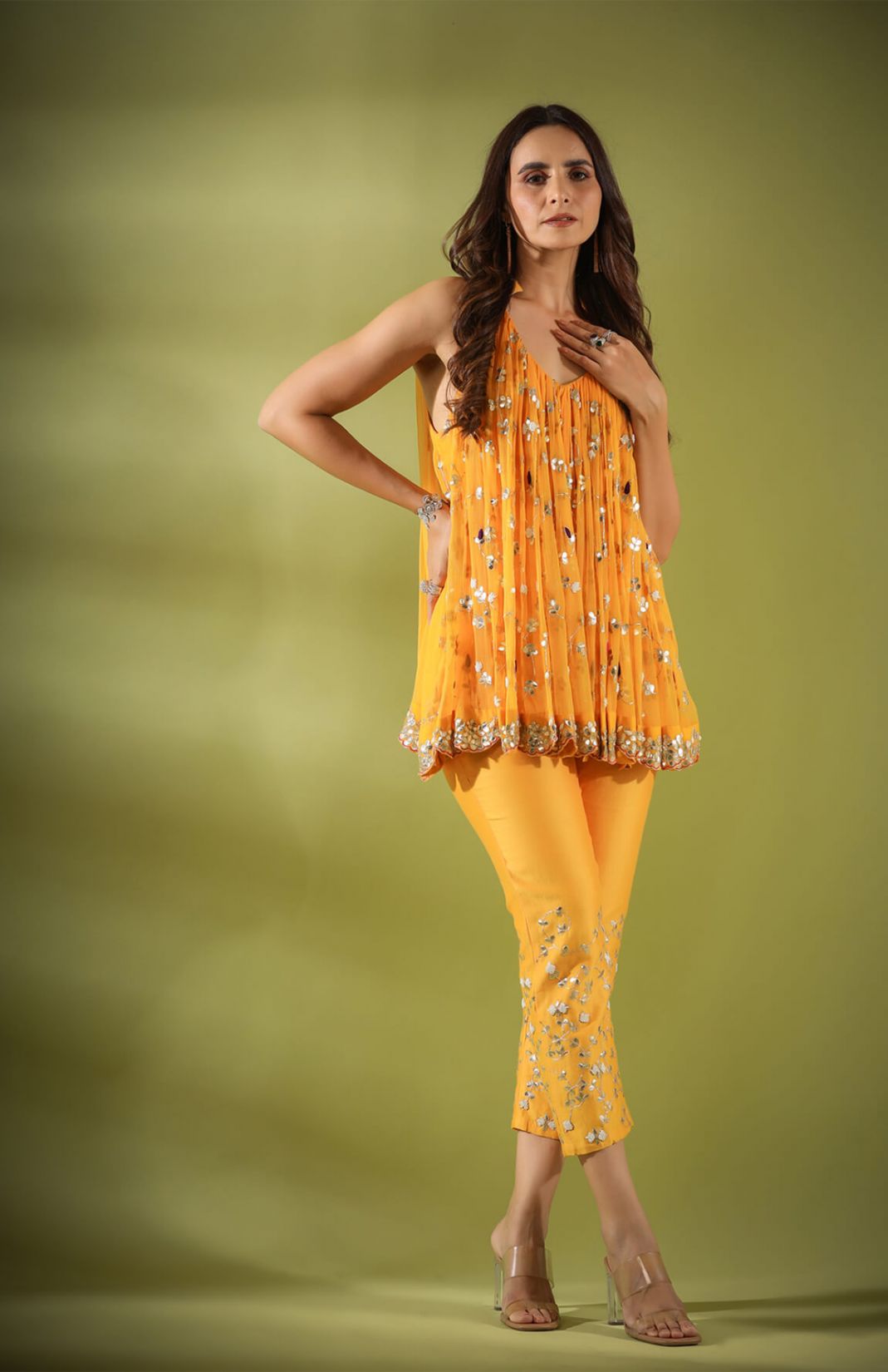 Haseena Phool Jaal Gota Patti Tunic Pants Co-ord Set In Mango Yellow