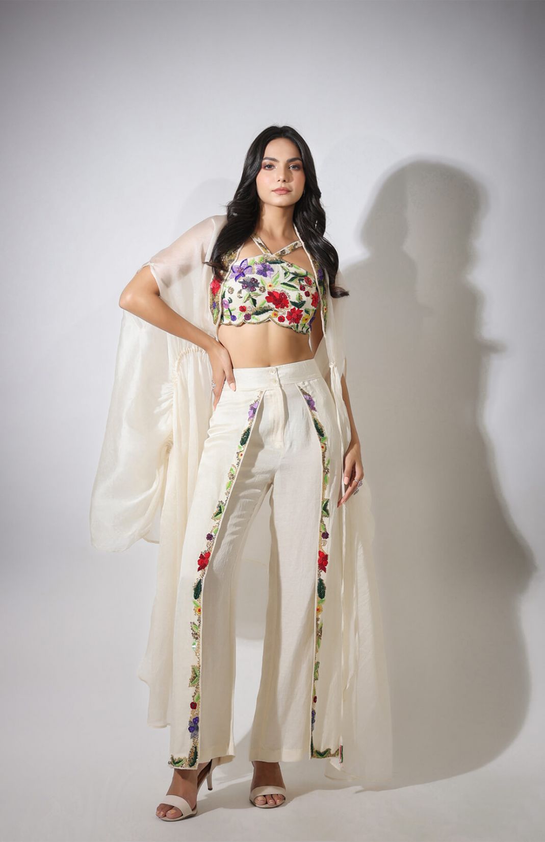 Haseena Ivory Cape & Flutter Pants Set