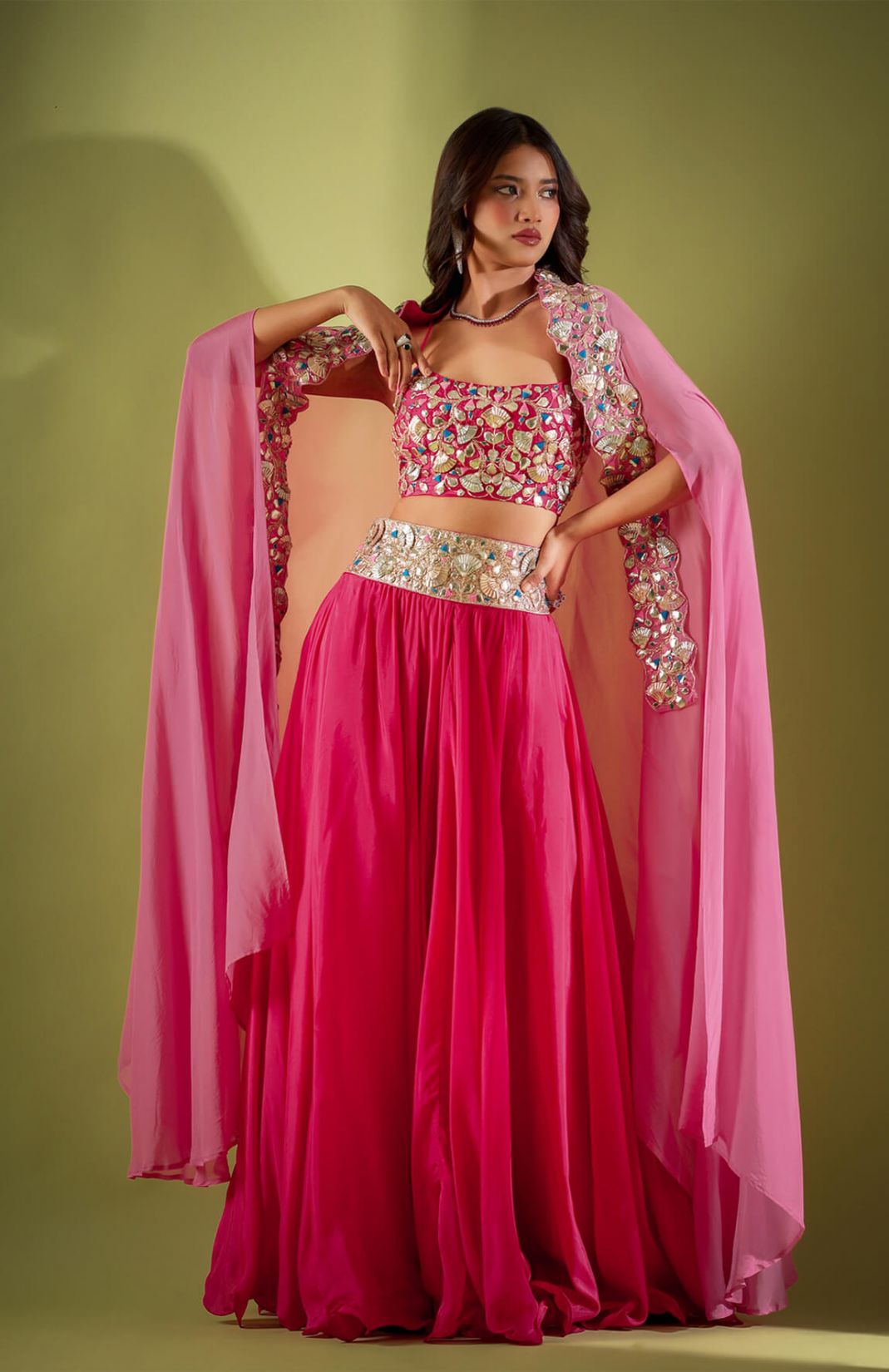 Haseena Pankhi Gota Lehenga Cape Set In Rouge Pink