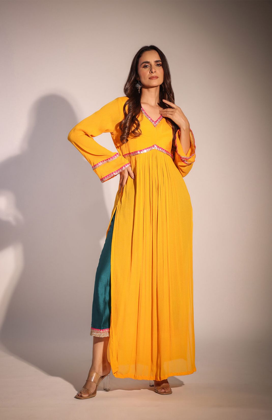 Haseena Mango Yellow & Bottle Green Color Block Kurta Pant Set