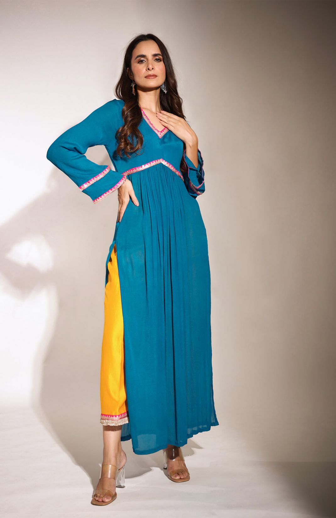 Haseena Teal Blue & Bright Mustard Color Block Kurta Pant Set