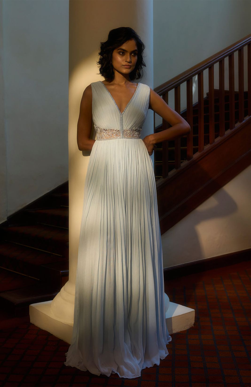 Ice Blue V-Neck Flared Gown