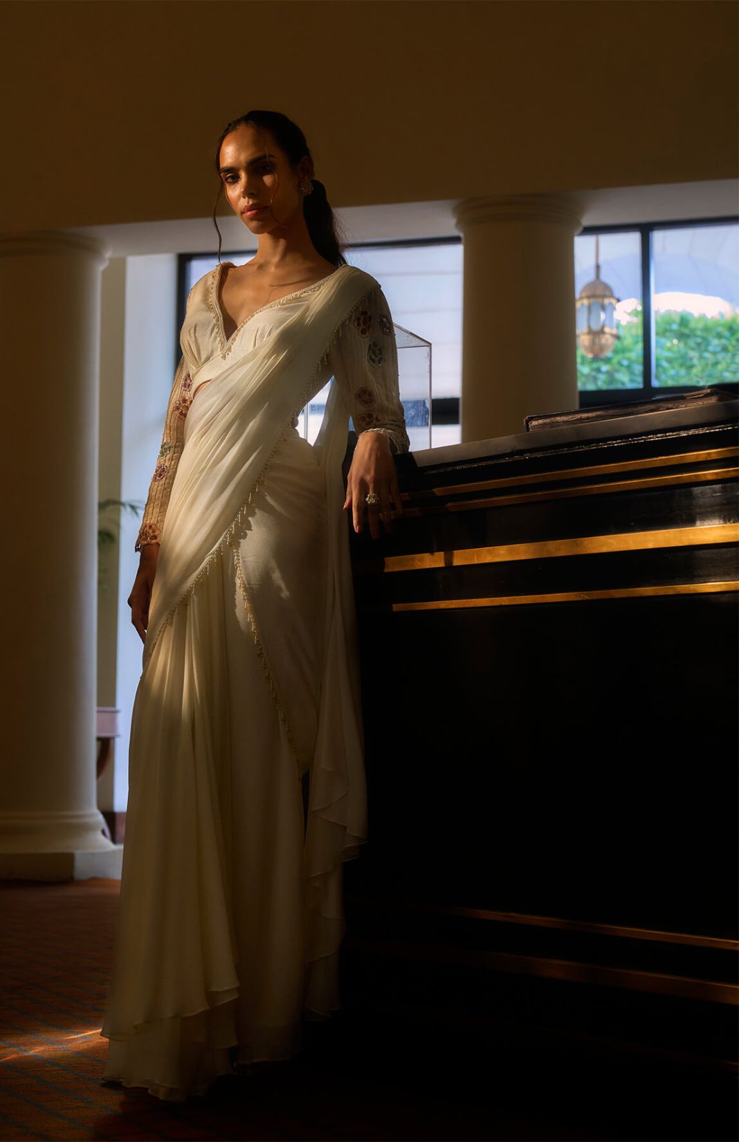 Off White Embellished Draped Saree Set