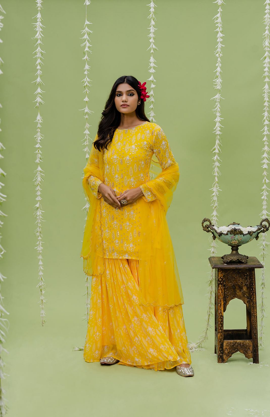 Sunny Yellow Printed Embroidered Sharara Set