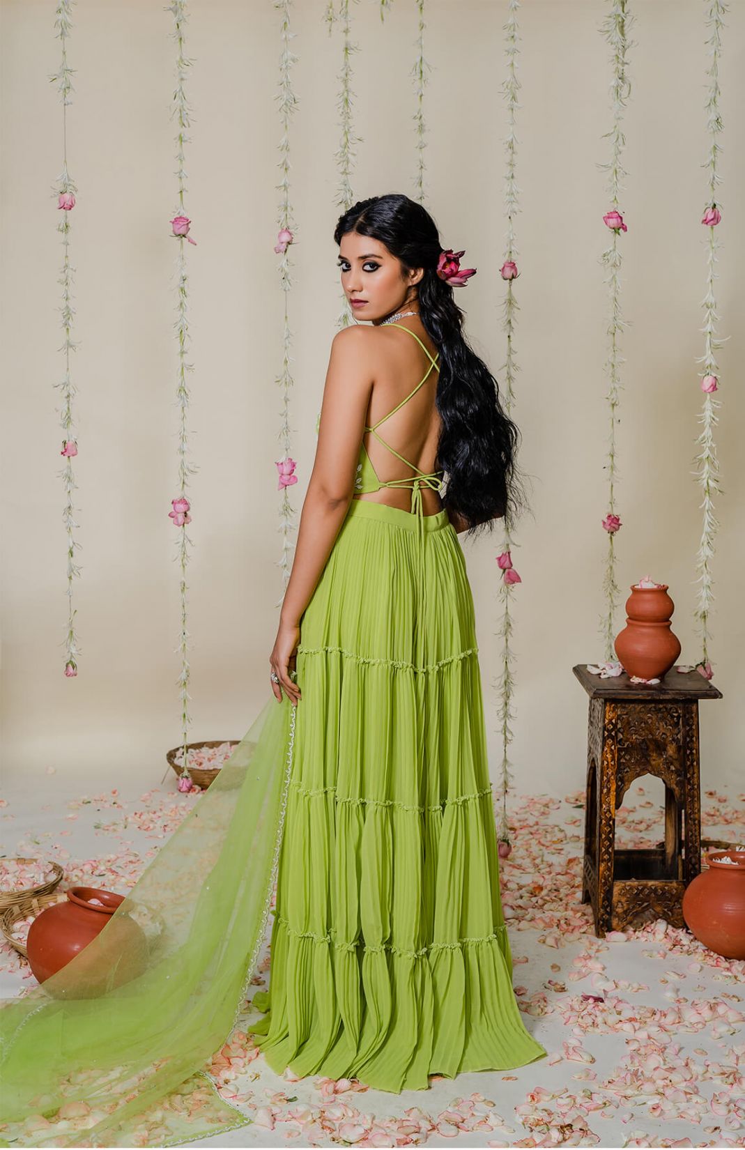 Green Pleated Embroidered Sharara Set