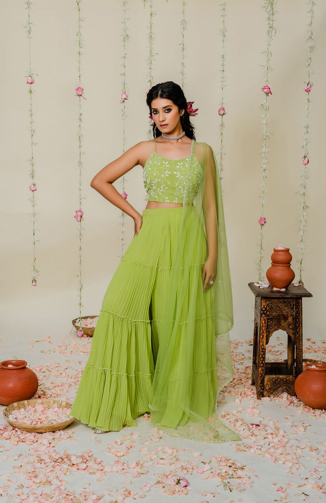 Green Pleated Embroidered Sharara Set