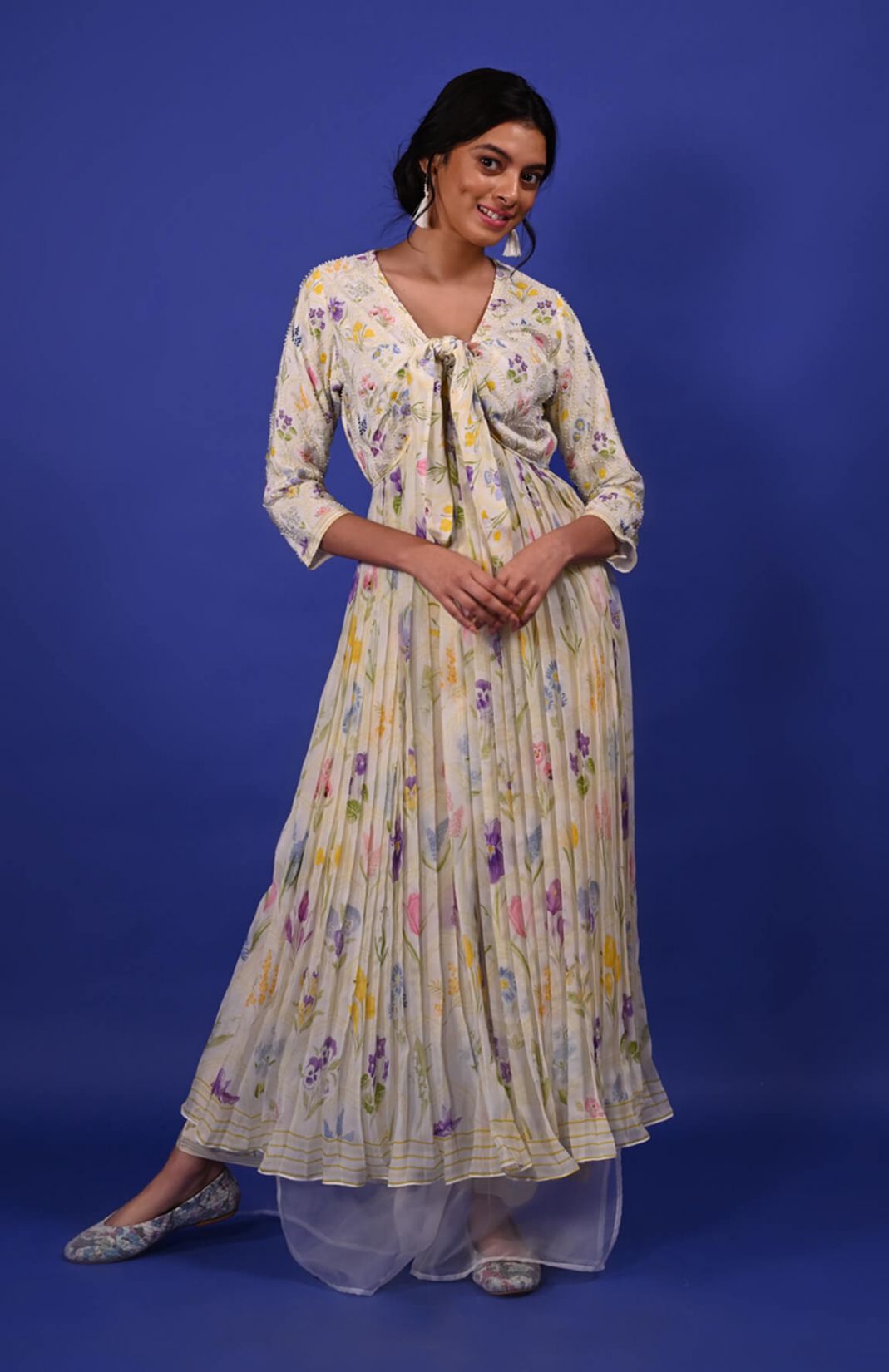 Printed Embroidered Front Open Pleated Kurta 