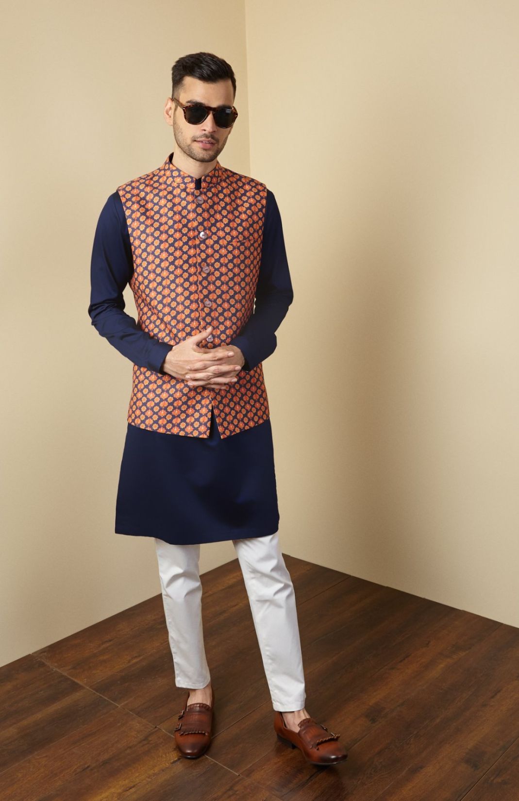 Orange & Blue Printed Linen Nehru Jacket