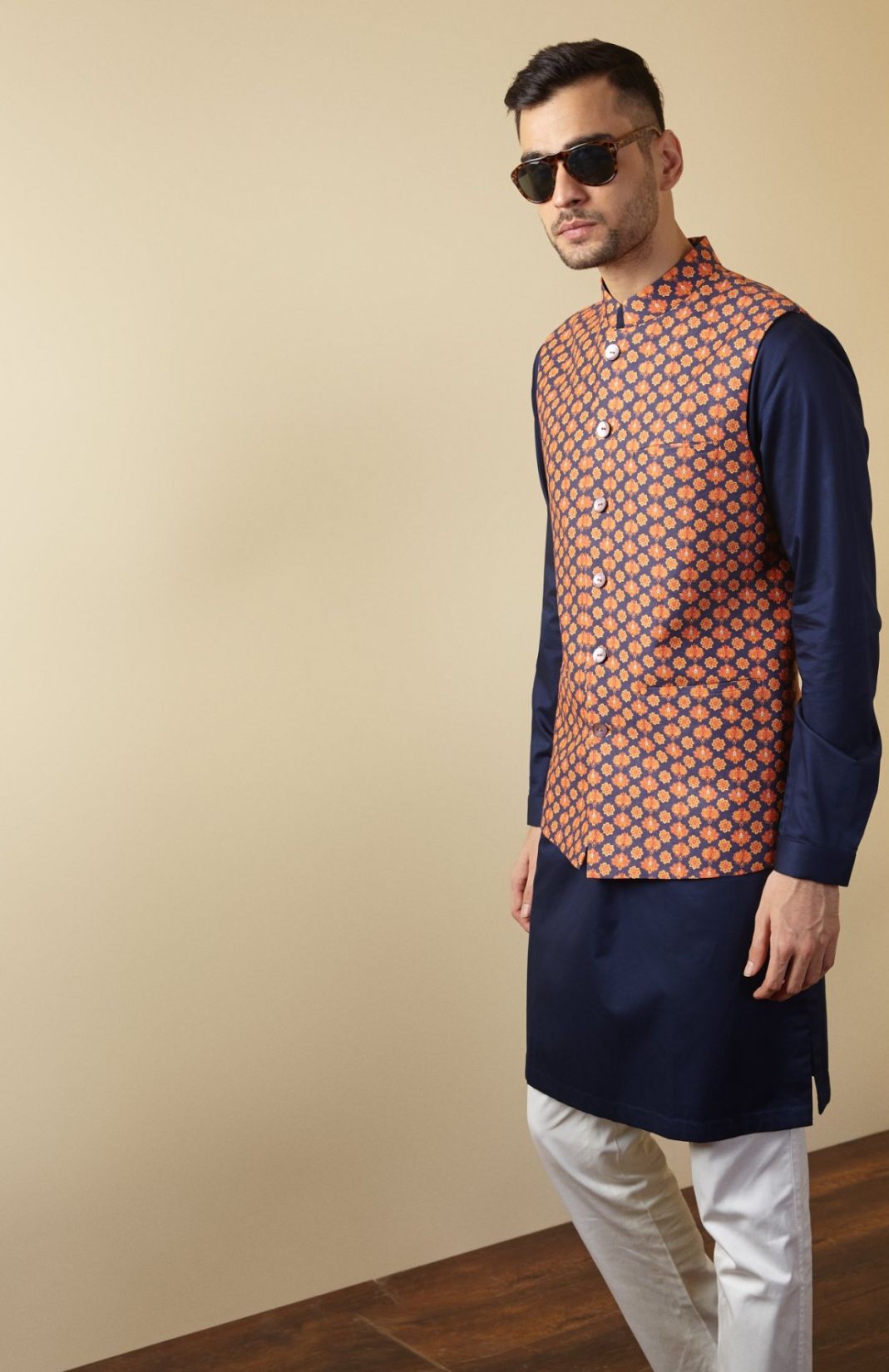 Orange & Blue Printed Linen Nehru Jacket