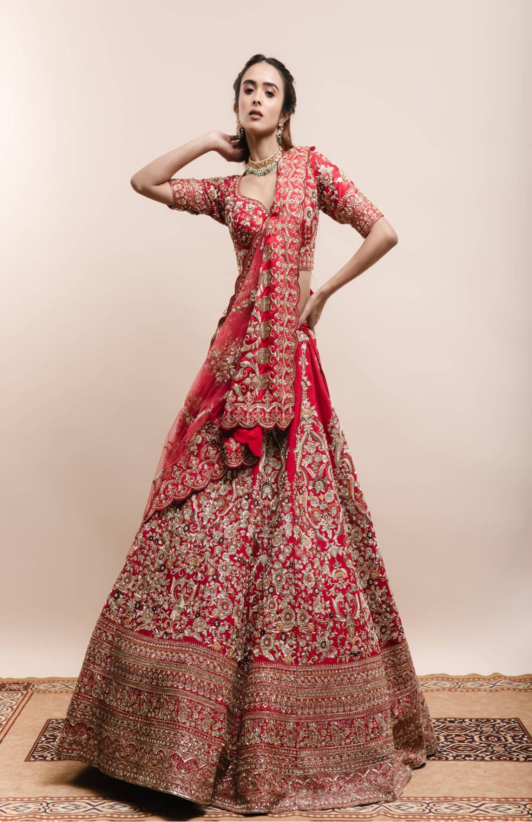 Red Heavily Embroidered Lehenga